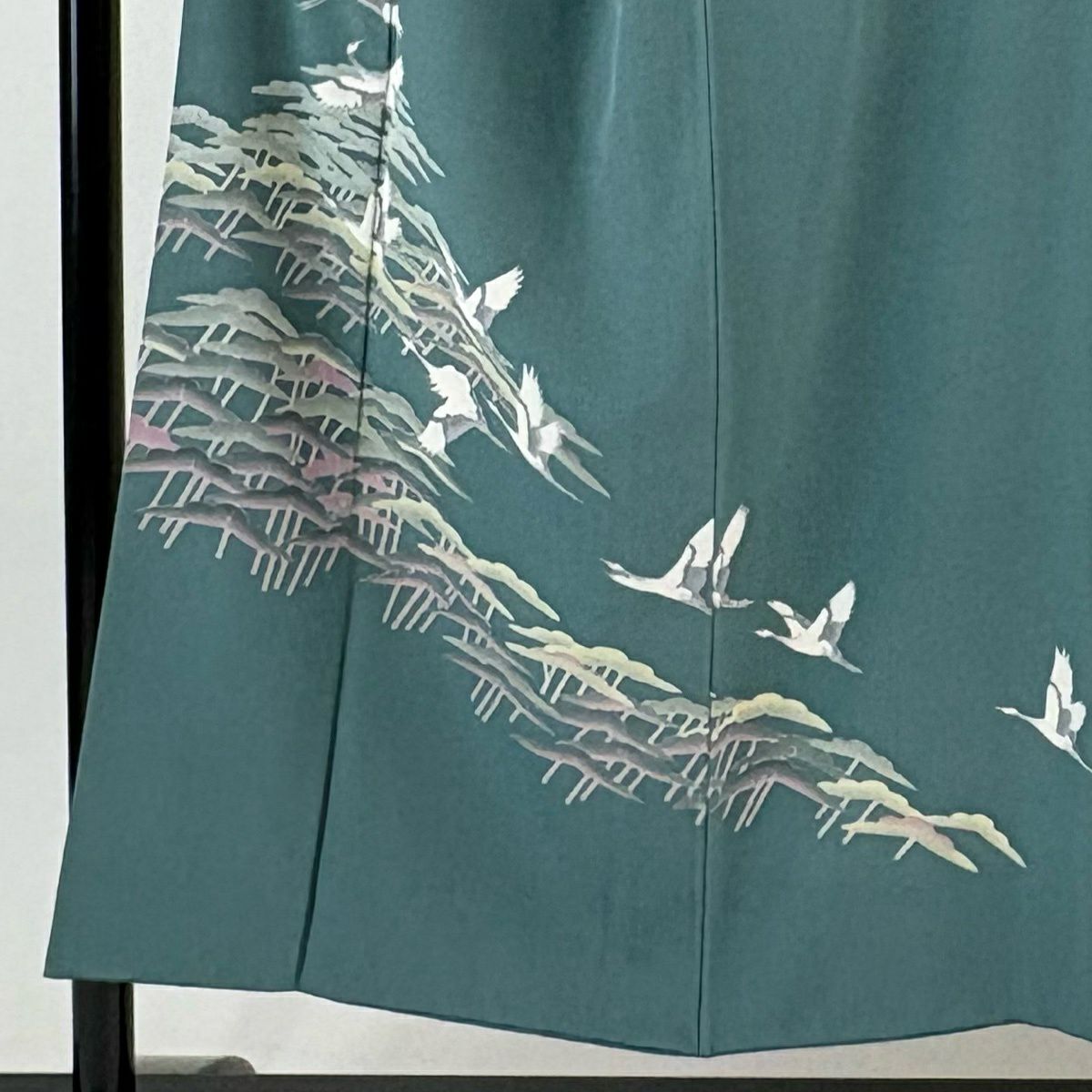 付下 身長150.5cm 袖長64.5cm M 雙層 落款有 仙鶴 松樹 薄青綠 純蠶絲 秀品級