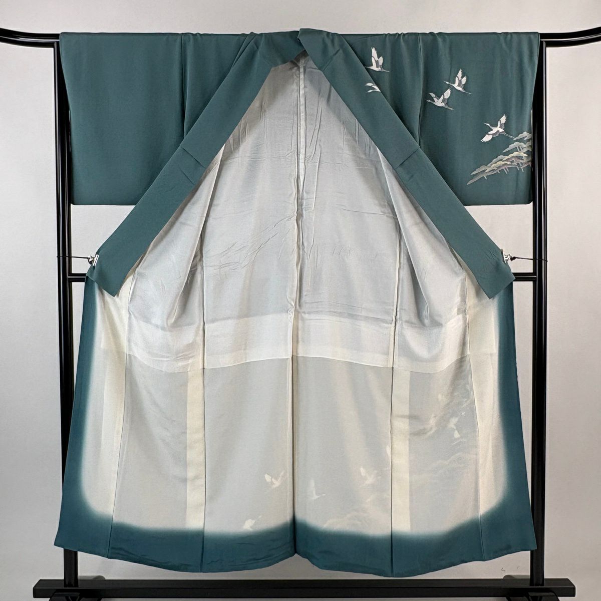付下 身長150.5cm 袖長64.5cm M 雙層 落款有 仙鶴 松樹 薄青綠 純蠶絲 秀品級