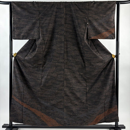 【美品】 付下 身長158cm 袖長64cm M 雙層 大島紬織織 泥染 證書附帶 竹子 焦茶 純蠶絲 優品級