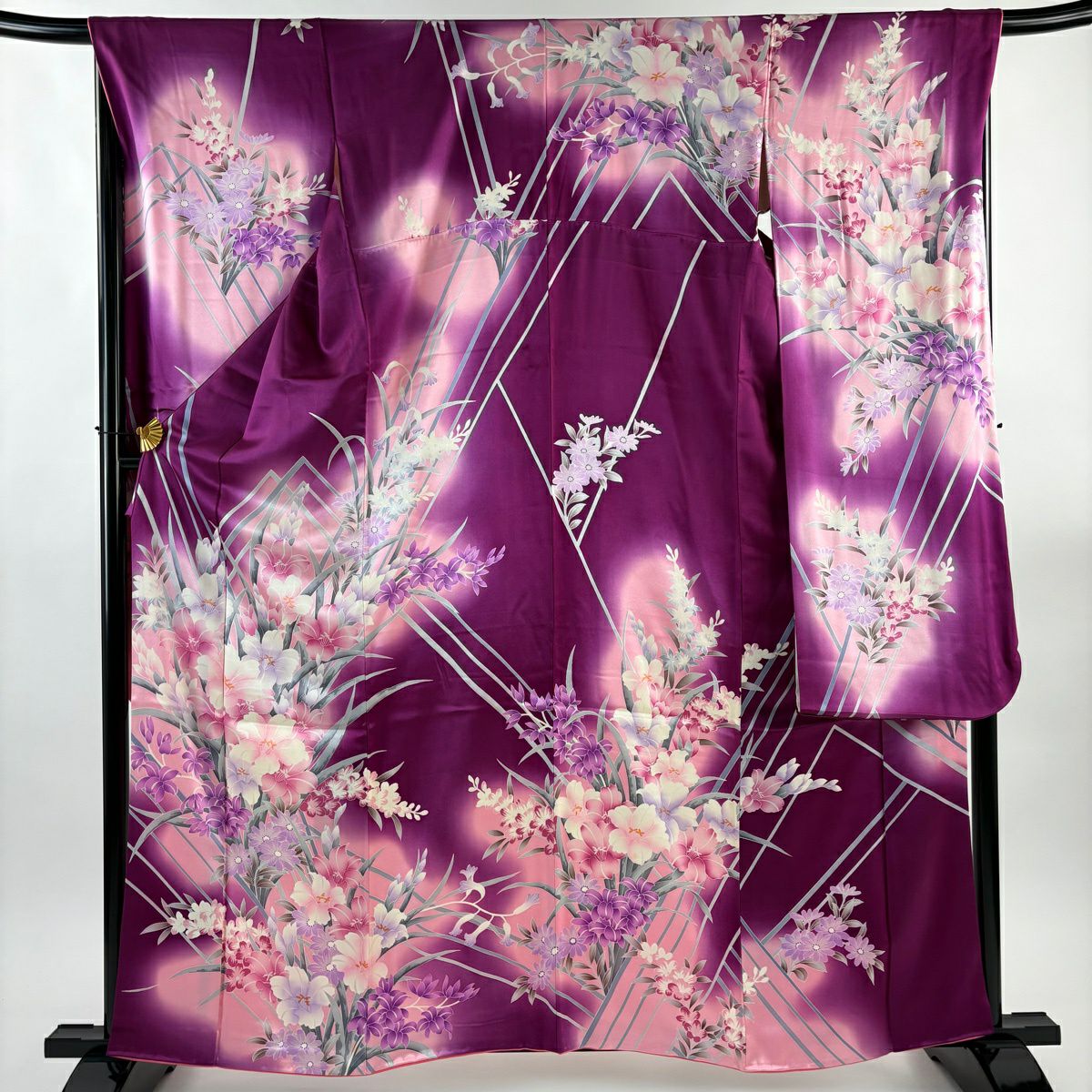 【美品】振袖禮服 身長161cm 袖長67.5cm L 雙層 草花紋紋 斜紋 漸層 紫 純蠶絲 優品級