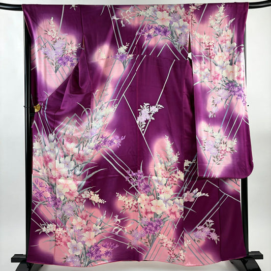 【美品】振袖禮服 身長161cm 袖長67.5cm L 雙層 草花紋紋 斜紋 漸層 紫 純蠶絲 優品級