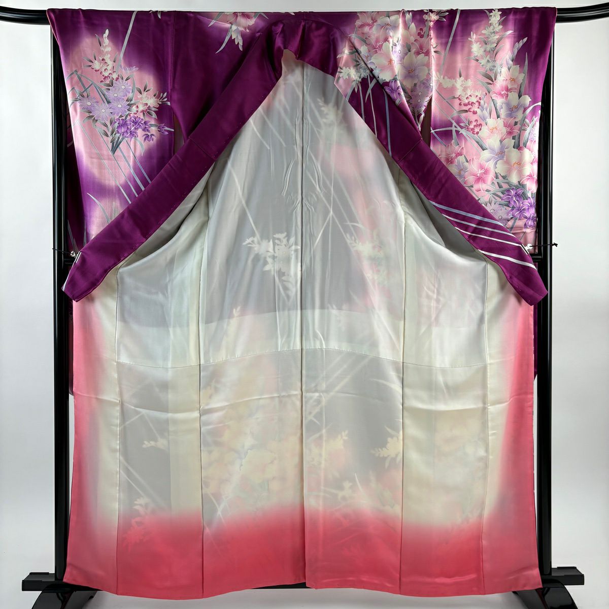 【美品】振袖禮服 身長161cm 袖長67.5cm L 雙層 草花紋紋 斜紋 漸層 紫 純蠶絲 優品級