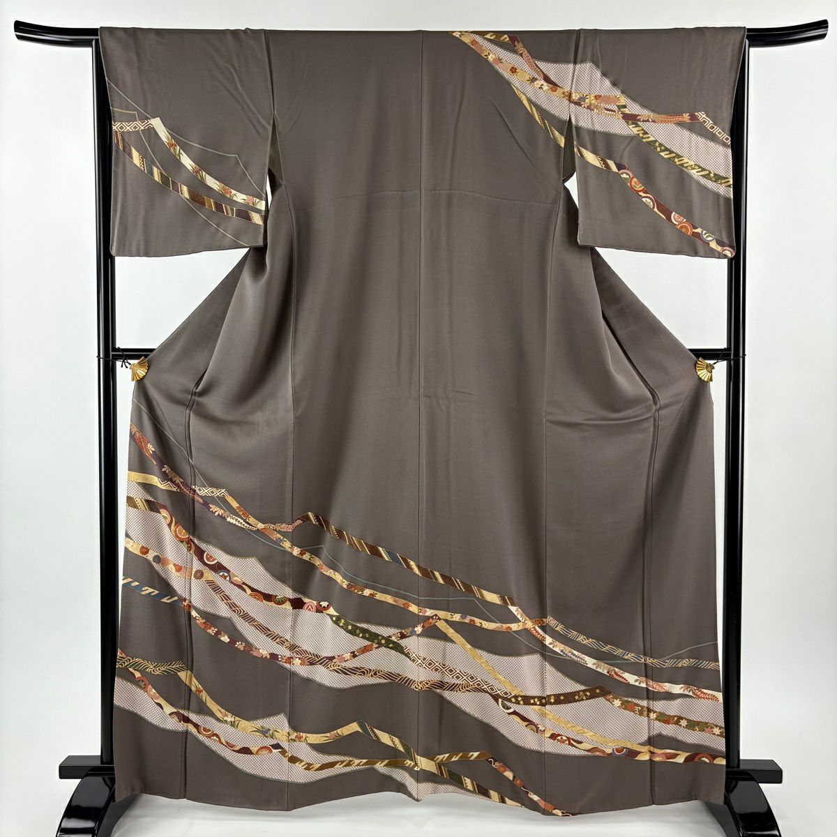 訪問服 身長164.5cm 袖長65.5cm M 雙層 蔓帶 草花紋紋 金絲 金銀彩 灰茶 純蠶絲 秀品級