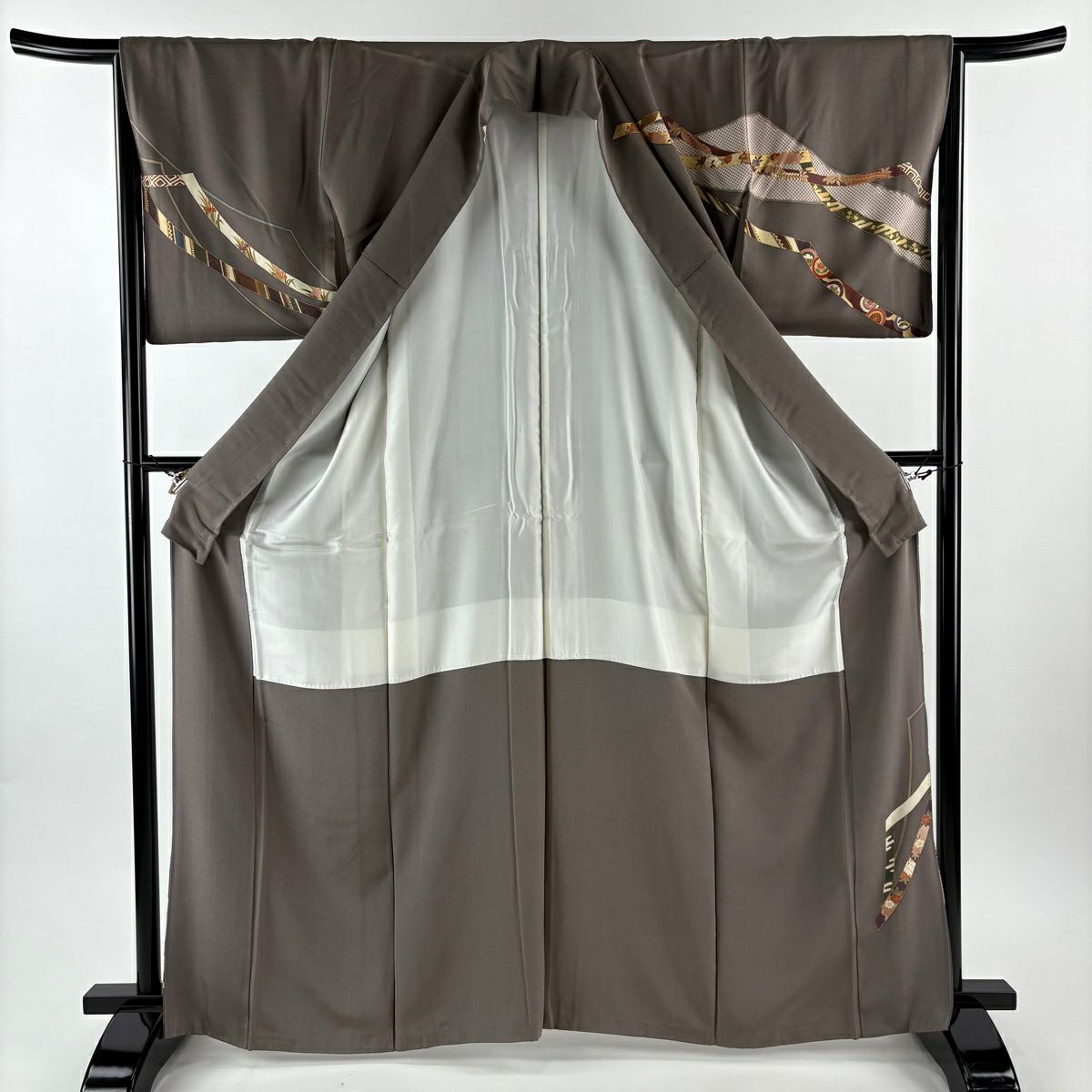 訪問服 身長164.5cm 袖長65.5cm M 雙層 蔓帶 草花紋紋 金絲 金銀彩 灰茶 純蠶絲 秀品級