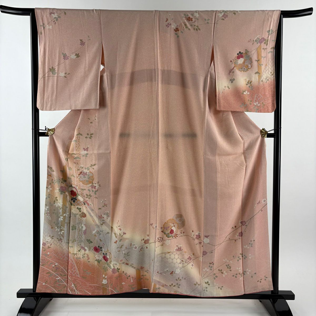 【美品】訪問服 身長157cm 袖長65cm M 雙層 雪輪 秋草 金彩裝飾 漸層 粉色 純蠶絲 優品級