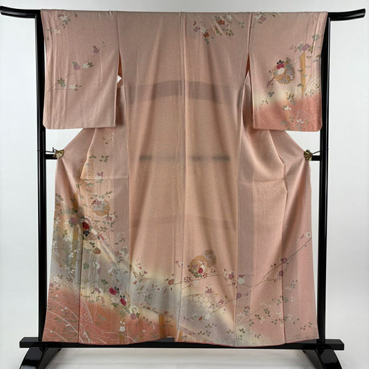 【美品】訪問服 身長157cm 袖長65cm M 雙層 雪輪 秋草 金彩裝飾 漸層 粉色 純蠶絲 優品級