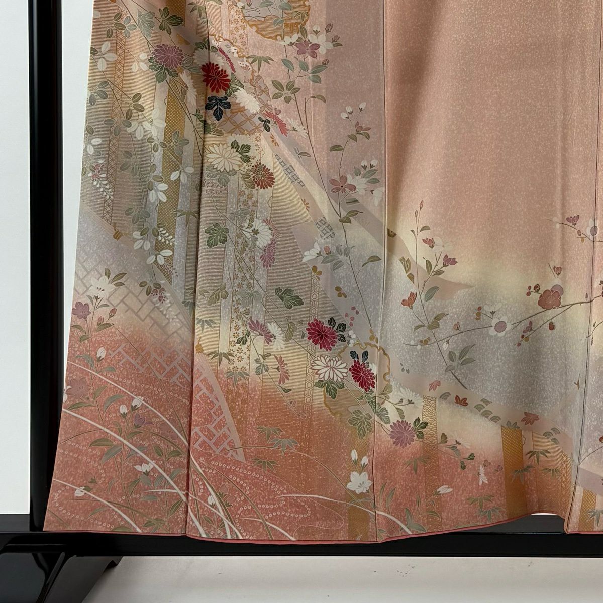 【美品】訪問服 身長157cm 袖長65cm M 雙層 雪輪 秋草 金彩裝飾 漸層 粉色 純蠶絲 優品級