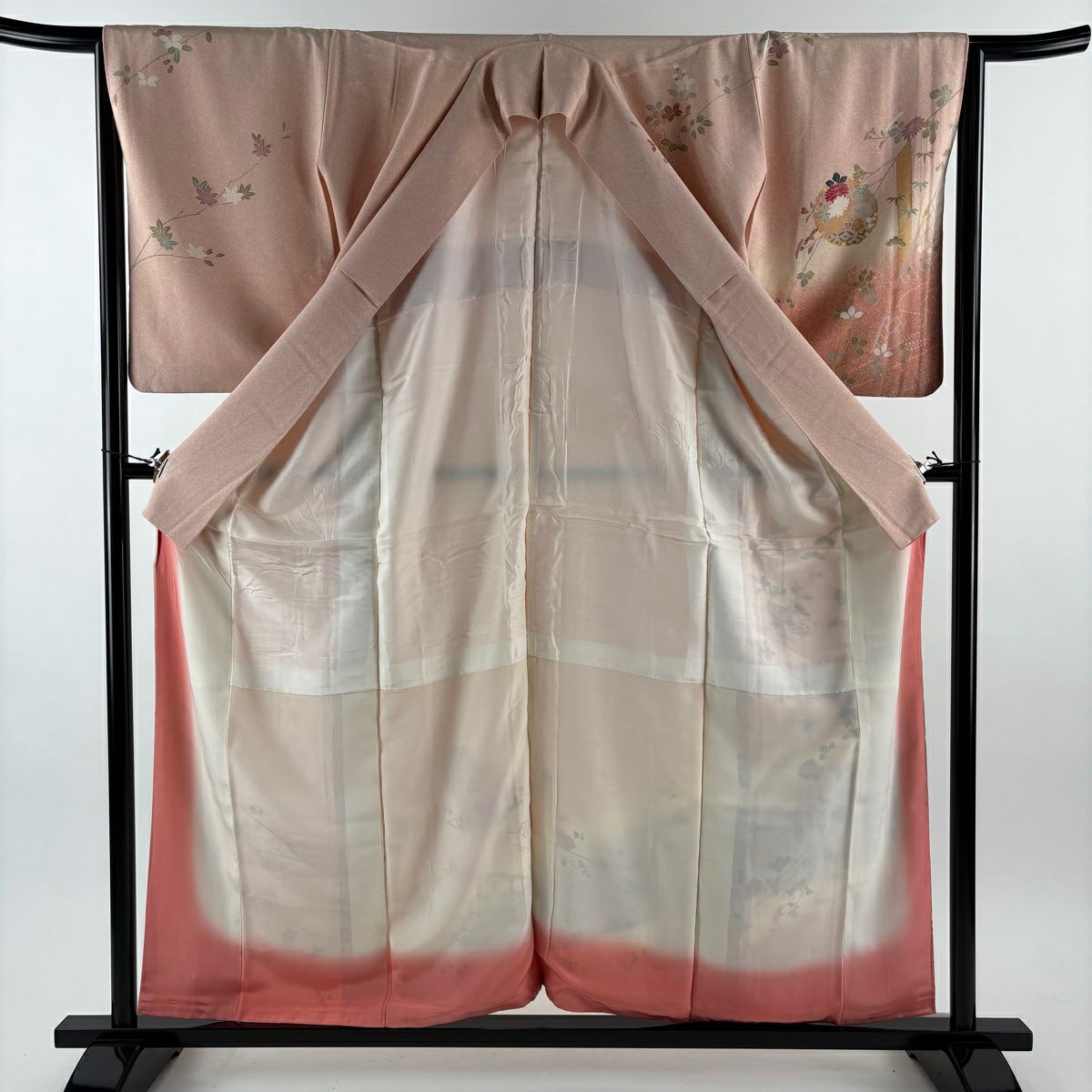 【美品】訪問服 身長157cm 袖長65cm M 雙層 雪輪 秋草 金彩裝飾 漸層 粉色 純蠶絲 優品級