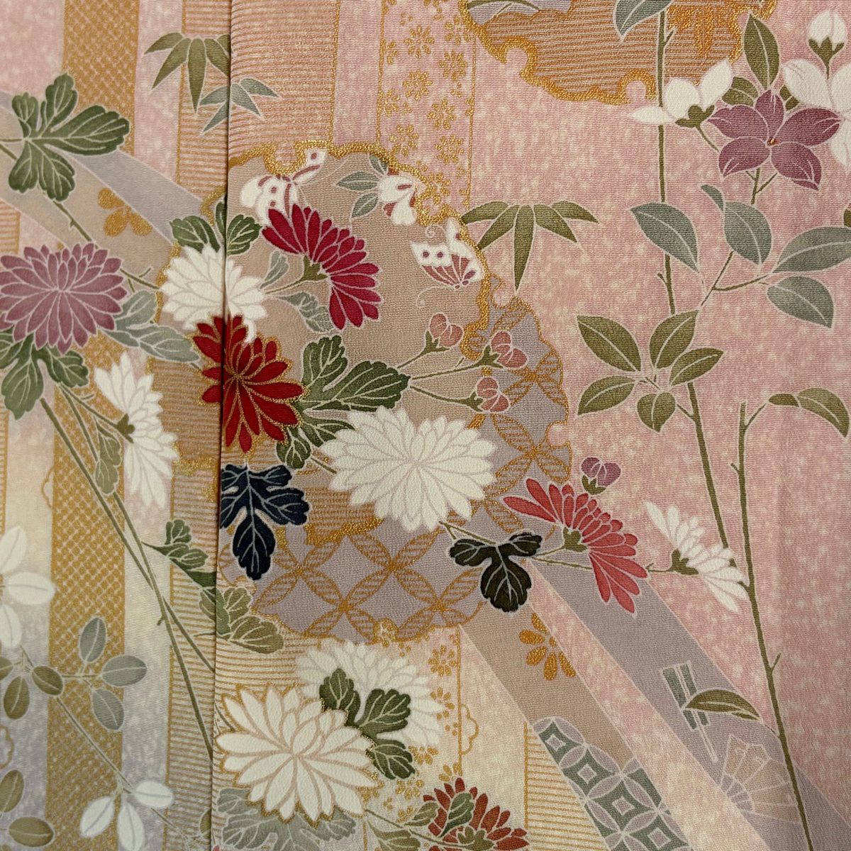 【美品】訪問服 身長157cm 袖長65cm M 雙層 雪輪 秋草 金彩裝飾 漸層 粉色 純蠶絲 優品級