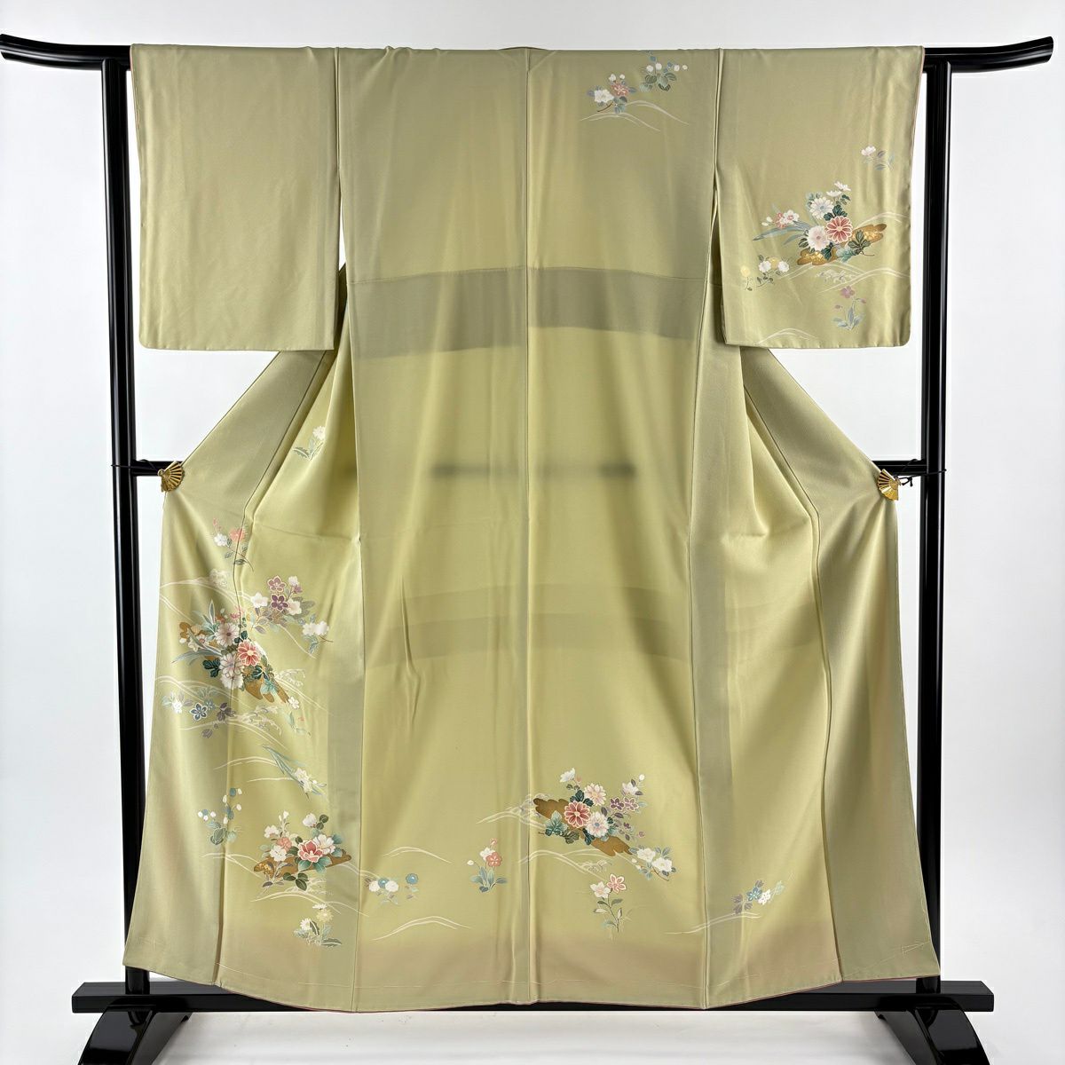 訪問服 身長157.5cm 袖長62cm S 雙層 花筏 草花紋紋 金銀彩 抹茶 純蠶絲 秀品級