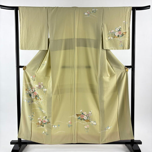 訪問服 身長157.5cm 袖長62cm S 雙層 花筏 草花紋紋 金銀彩 抹茶 純蠶絲 秀品級