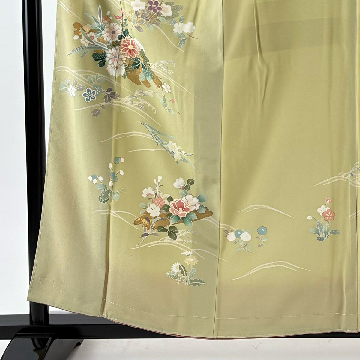 訪問服 身長157.5cm 袖長62cm S 雙層 花筏 草花紋紋 金銀彩 抹茶 純蠶絲 秀品級