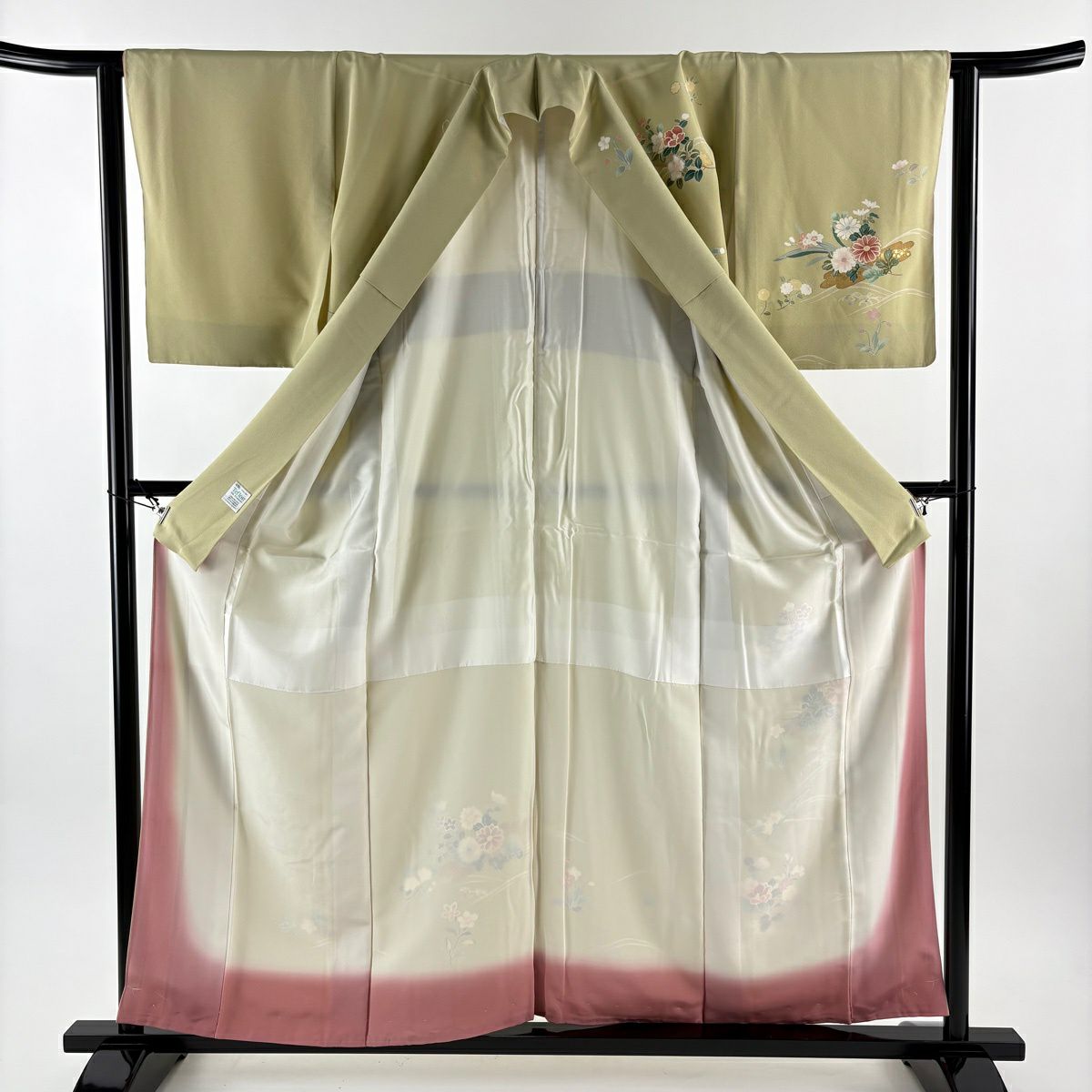 訪問服 身長157.5cm 袖長62cm S 雙層 花筏 草花紋紋 金銀彩 抹茶 純蠶絲 秀品級
