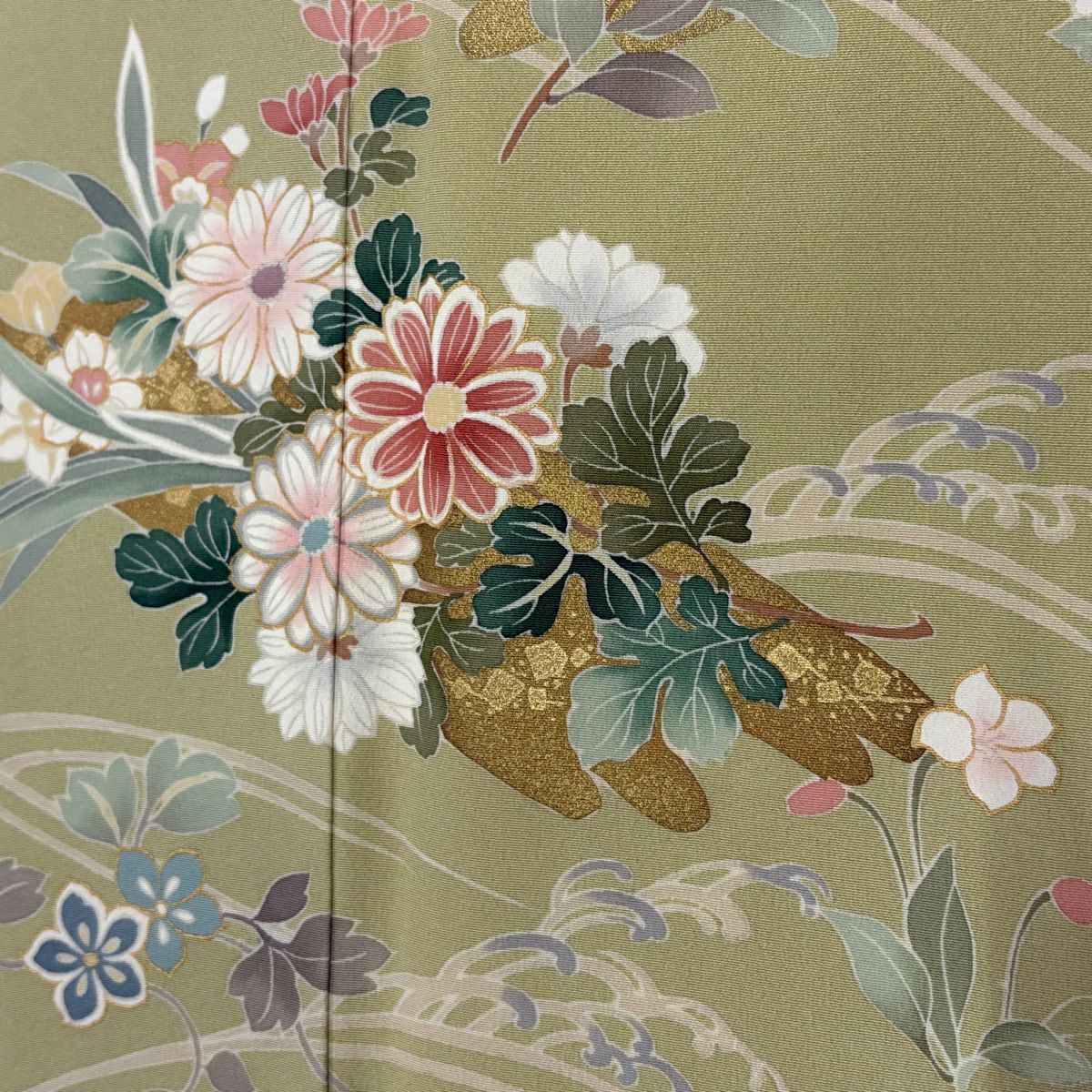 訪問服 身長157.5cm 袖長62cm S 雙層 花筏 草花紋紋 金銀彩 抹茶 純蠶絲 秀品級