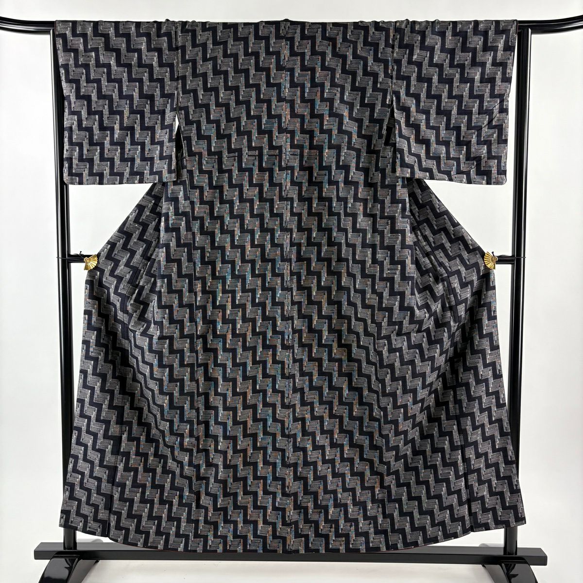 【美品】 紬織 身長155cm 袖長64.5cm M 雙層 幾何學 墨 深藍 純蠶絲 秀品級