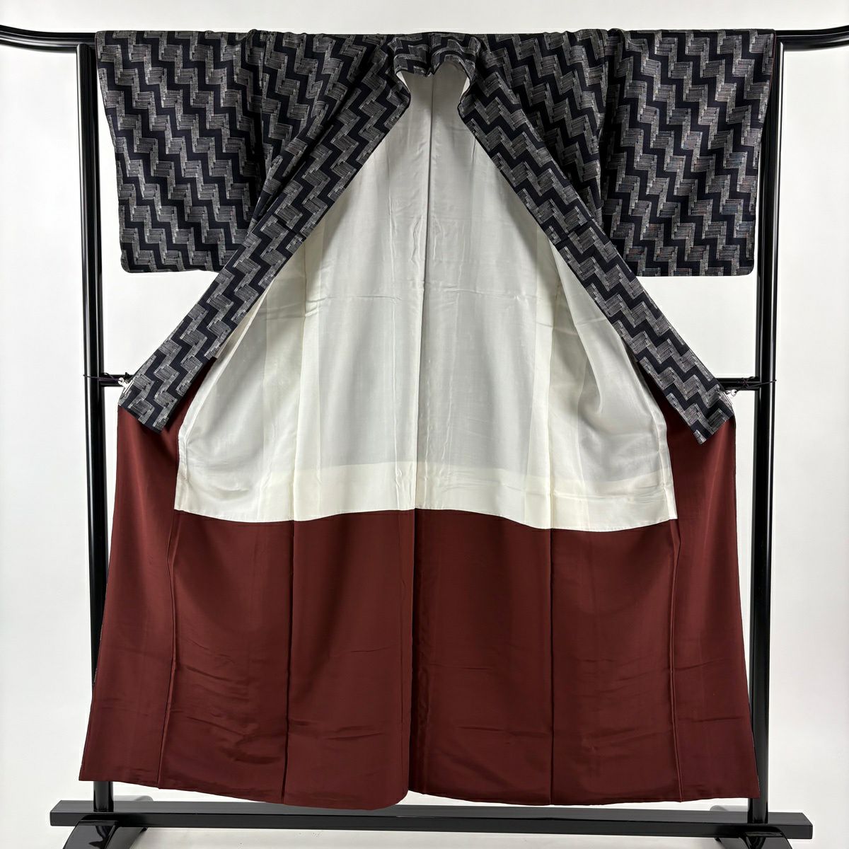 【美品】 紬織 身長155cm 袖長64.5cm M 雙層 幾何學 墨 深藍 純蠶絲 秀品級