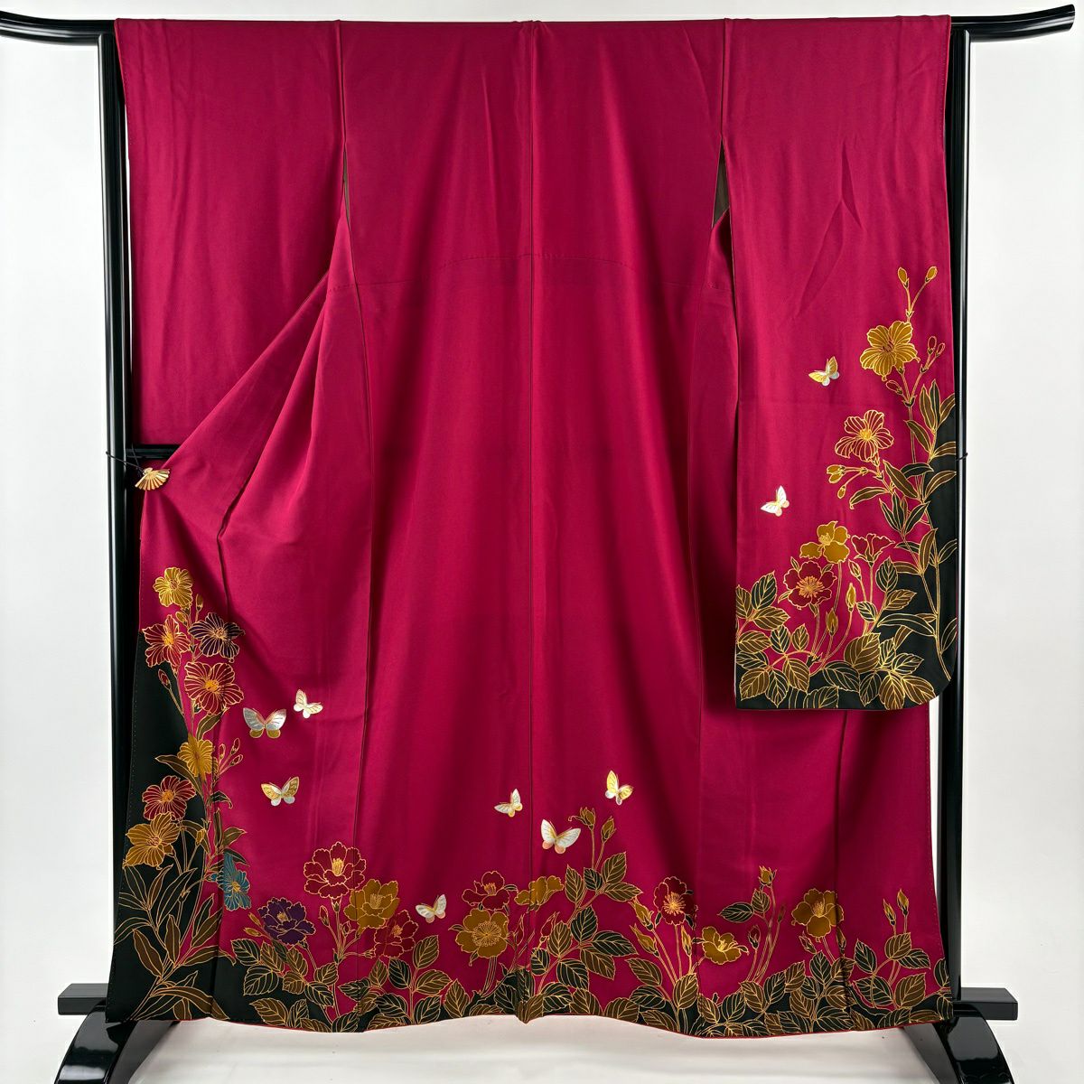 【美品】振袖禮服 身長161cm 袖長64cm M 雙層 草花紋紋 蝶 金銀彩 染分 濃粉紅 純蠶絲 秀品級