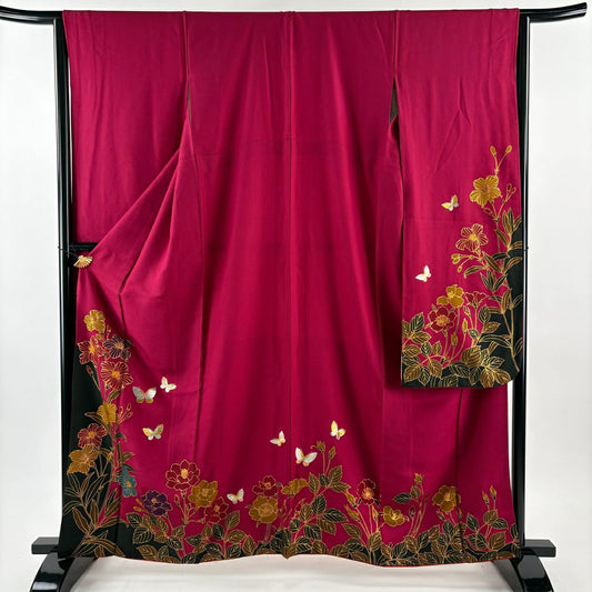 【美品】振袖禮服 身長161cm 袖長64cm M 雙層 草花紋紋 蝶 金銀彩 染分 濃粉紅 純蠶絲 秀品級