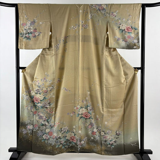 訪問服 身長159.5cm 袖長63.5cm S 雙層 牡丹 菊花 金銀彩 漸層 米色 純蠶絲 優品級