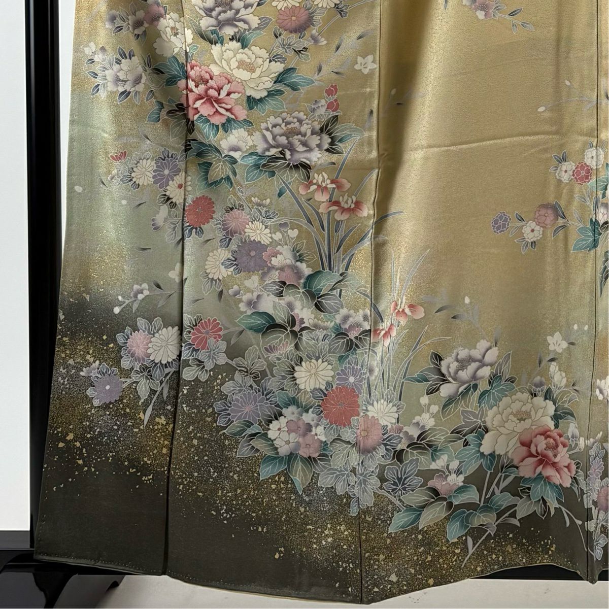 訪問服 身長159.5cm 袖長63.5cm S 雙層 牡丹 菊花 金銀彩 漸層 米色 純蠶絲 優品級