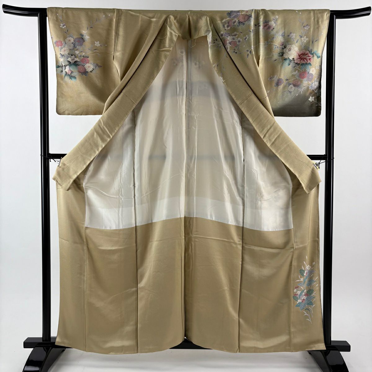 訪問服 身長159.5cm 袖長63.5cm S 雙層 牡丹 菊花 金銀彩 漸層 米色 純蠶絲 優品級