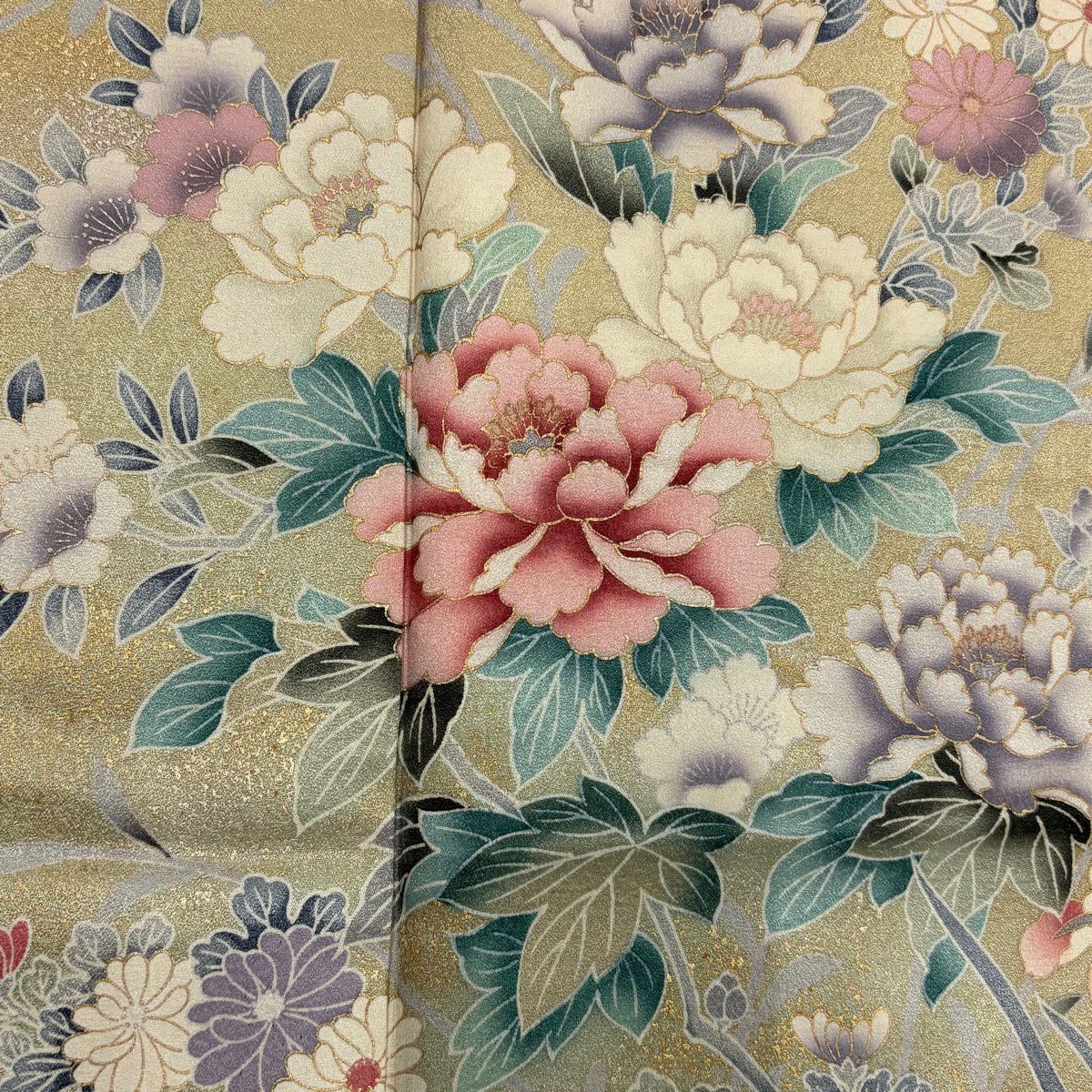 訪問服 身長159.5cm 袖長63.5cm S 雙層 牡丹 菊花 金銀彩 漸層 米色 純蠶絲 優品級