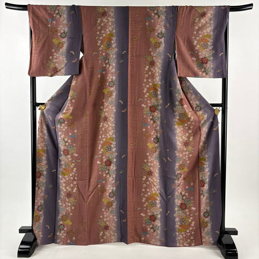 【美品】 小紋 身長166.5cm 袖長67cm M 雙層 櫻花 蝴蝶 金銀彩 縱向漸變 小豆色 純蠶絲 優品級