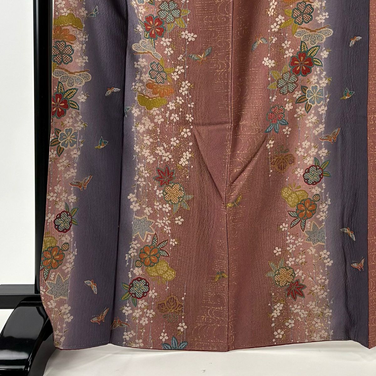【美品】 小紋 身長166.5cm 袖長67cm M 雙層 櫻花 蝴蝶 金銀彩 縱向漸變 小豆色 純蠶絲 優品級