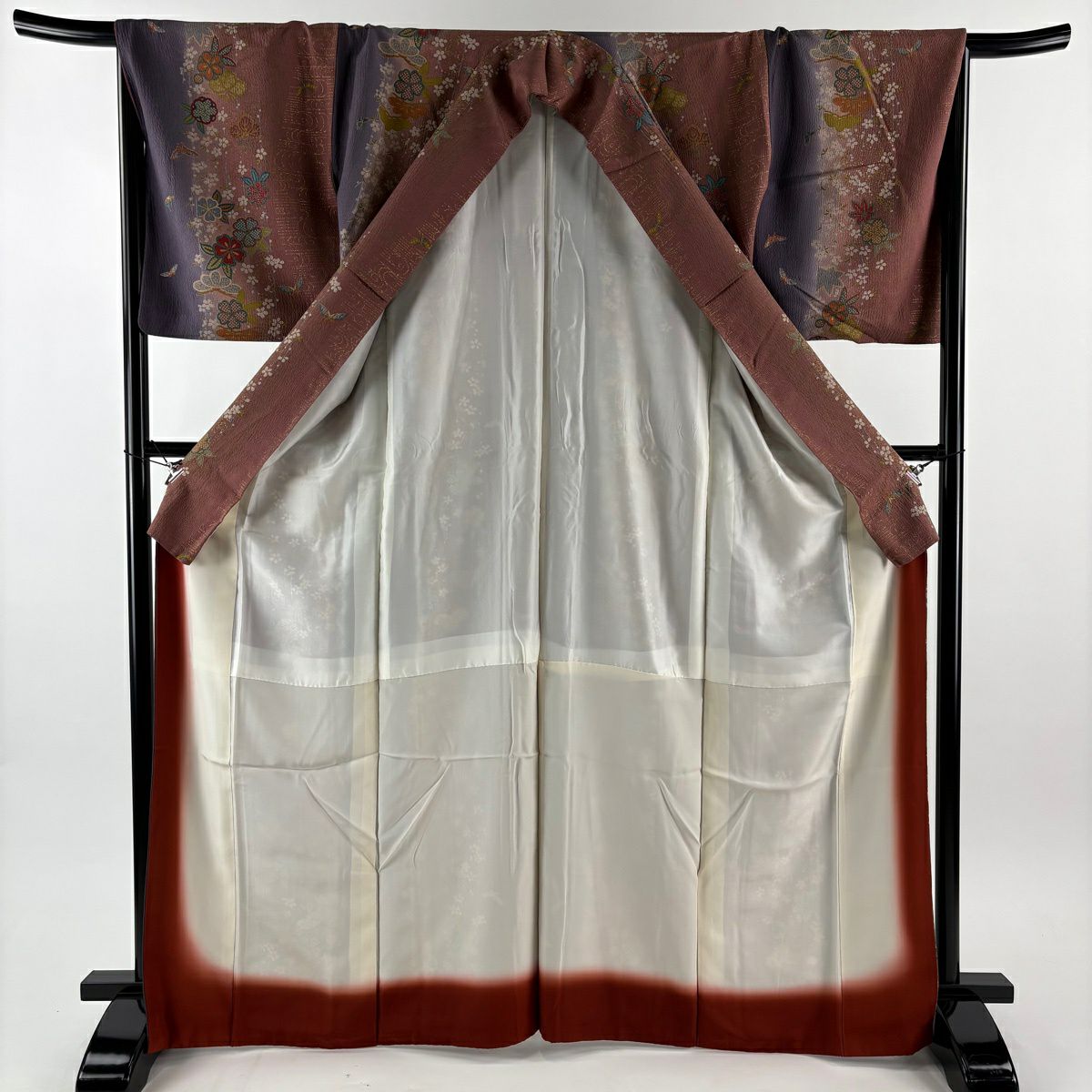 【美品】 小紋 身長166.5cm 袖長67cm M 雙層 櫻花 蝴蝶 金銀彩 縱向漸變 小豆色 純蠶絲 優品級