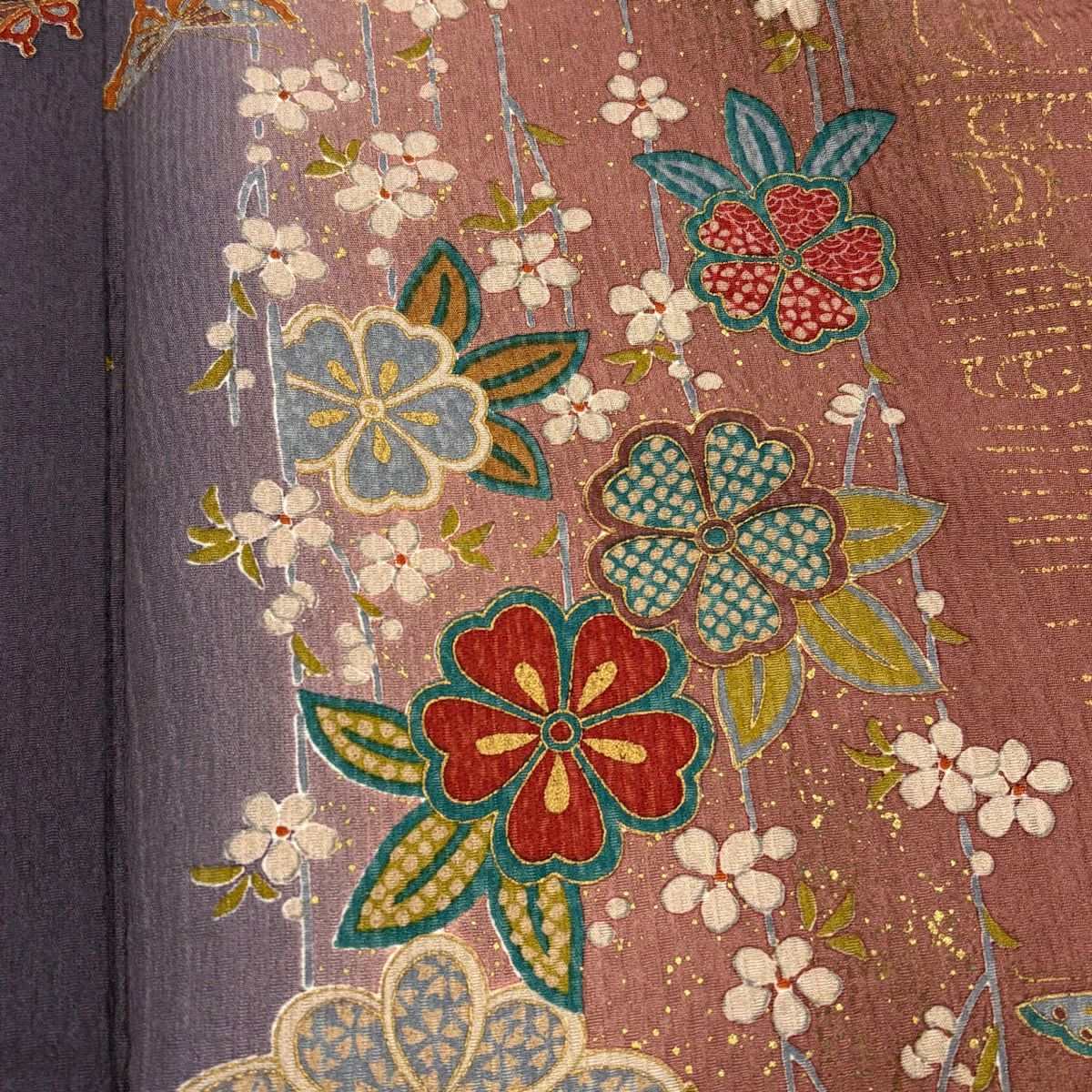 【美品】 小紋 身長166.5cm 袖長67cm M 雙層 櫻花 蝴蝶 金銀彩 縱向漸變 小豆色 純蠶絲 優品級