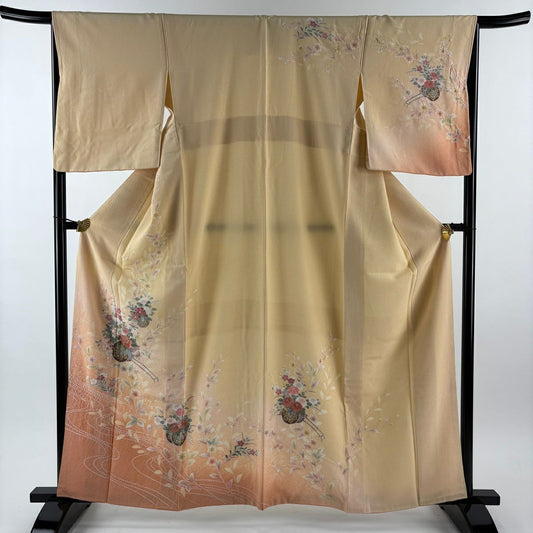 【美品】訪問服 身長161.5cm 袖長66cm M 雙層 花車 流水 絞染 刺繡 淺橙色 純蠶絲 優品級