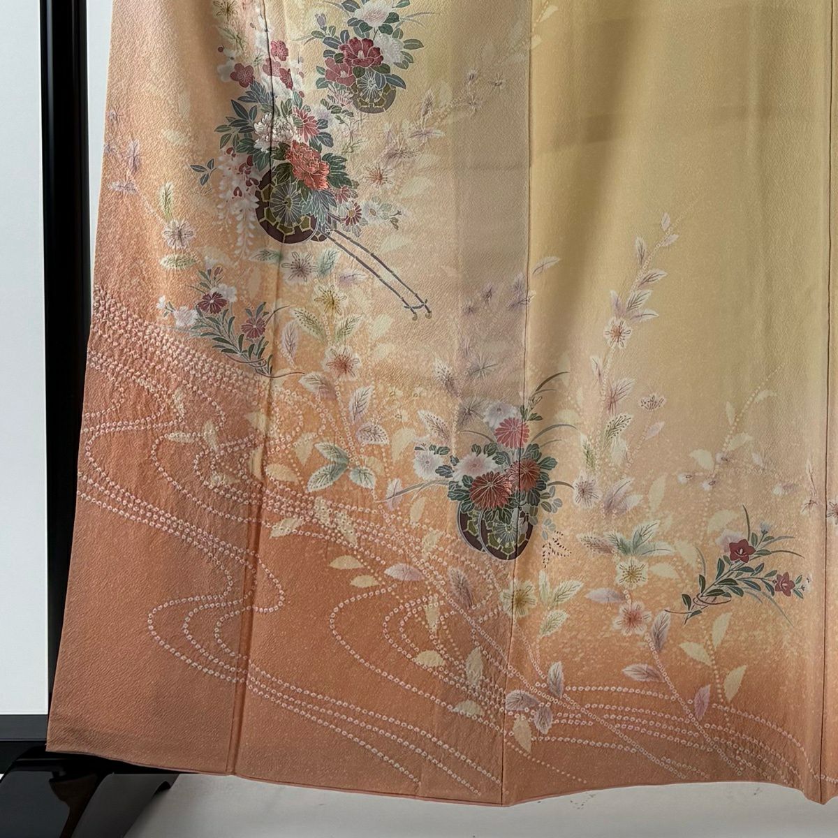 【美品】訪問服 身長161.5cm 袖長66cm M 雙層 花車 流水 絞染 刺繡 淺橙色 純蠶絲 優品級