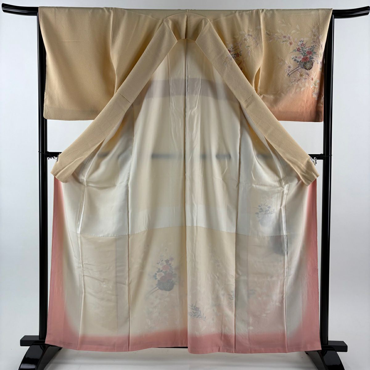 【美品】訪問服 身長161.5cm 袖長66cm M 雙層 花車 流水 絞染 刺繡 淺橙色 純蠶絲 優品級