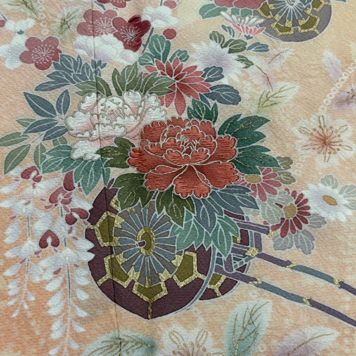 【美品】訪問服 身長161.5cm 袖長66cm M 雙層 花車 流水 絞染 刺繡 淺橙色 純蠶絲 優品級