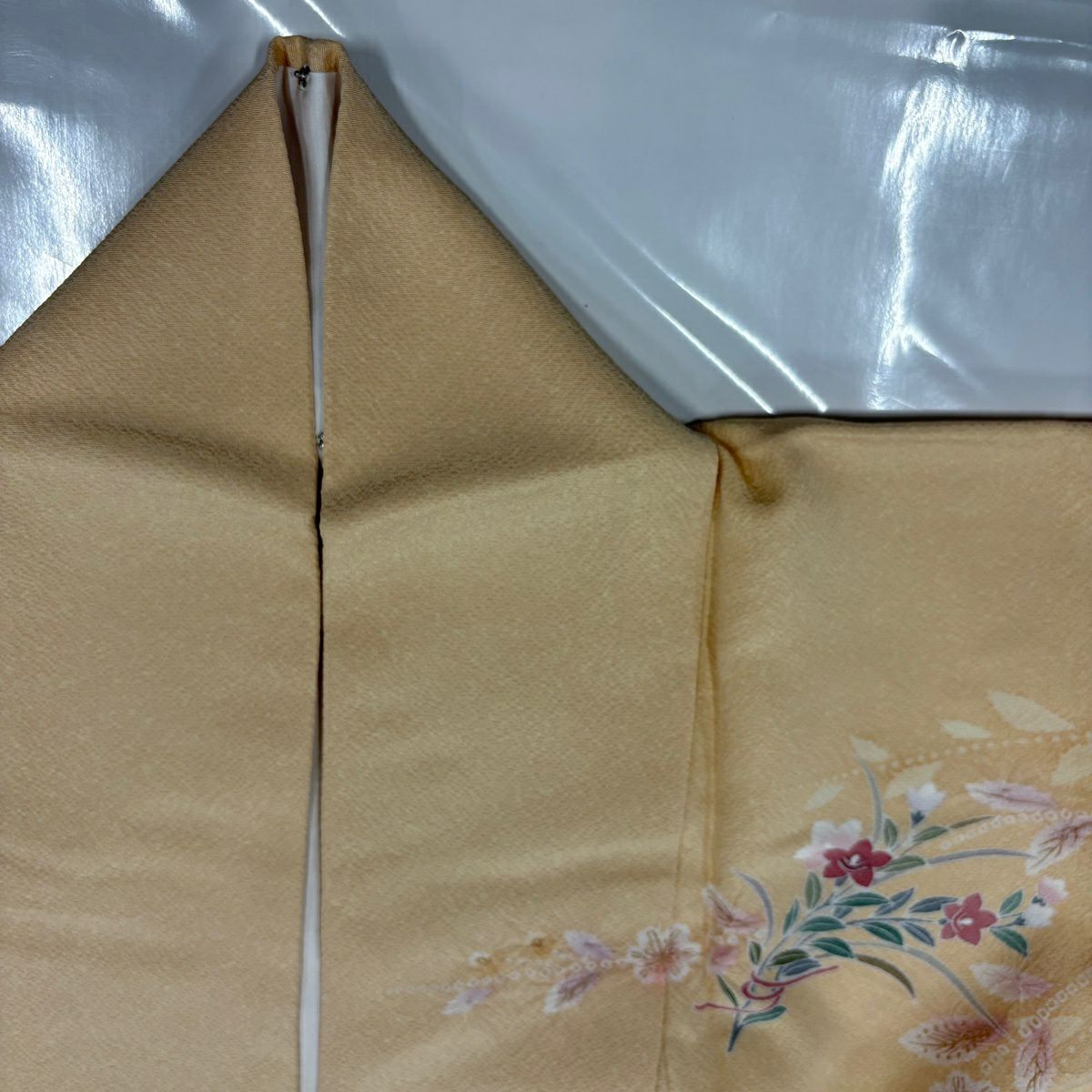 【美品】訪問服 身長161.5cm 袖長66cm M 雙層 花車 流水 絞染 刺繡 淺橙色 純蠶絲 優品級