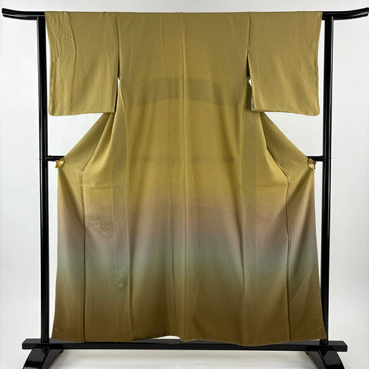 【美品】 付下 身長155cm 袖長62.5cm S 雙層 鏡裏文 地紋 刺繡 漸層 抹茶 純蠶絲 秀品級