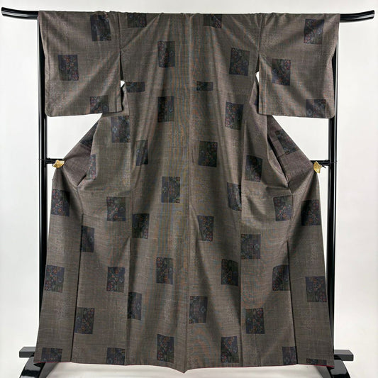 【美品】 大島紬織 身長164cm 袖長67cm M 雙層 純泥染 證書附帶 色紙 草花紋紋 焦茶 正蠶絲 優品級