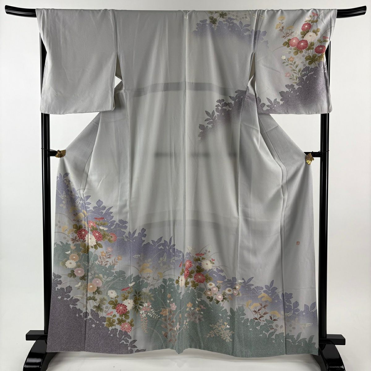 訪問服 身長164.5cm 袖長69cm L 雙層 山科春宣 落款 秋草 輪廓 漸層 青灰 純蠶絲 秀品級 一つ紋