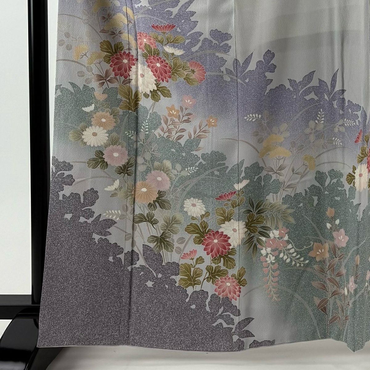 訪問服 身長164.5cm 袖長69cm L 雙層 山科春宣 落款 秋草 輪廓 漸層 青灰 純蠶絲 秀品級 一つ紋