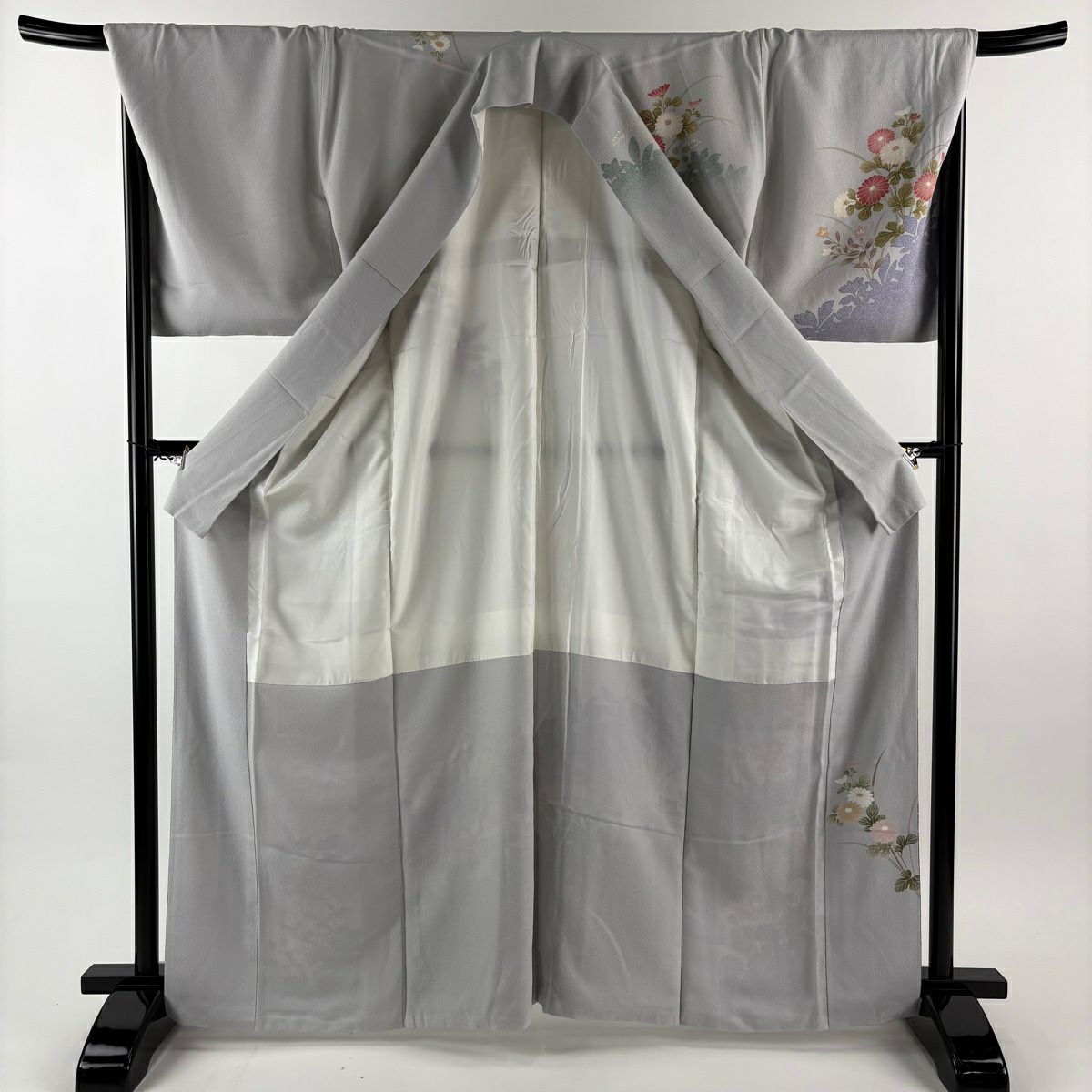 訪問服 身長164.5cm 袖長69cm L 雙層 山科春宣 落款 秋草 輪廓 漸層 青灰 純蠶絲 秀品級 一つ紋