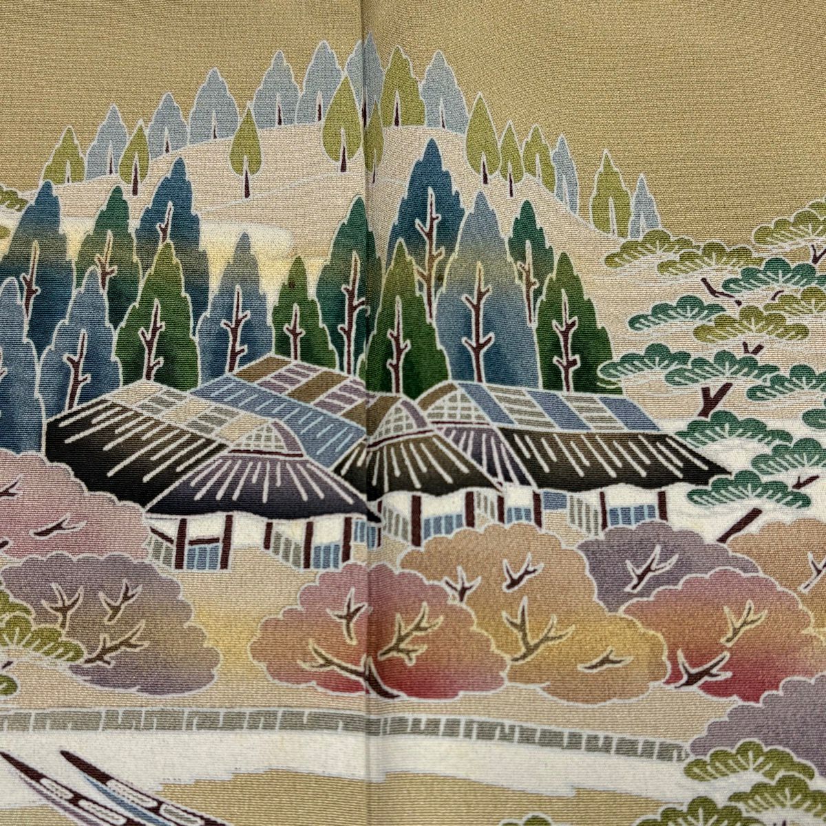 色留袖禮服 身長163cm 袖長67cm M 雙層 家屋 松樹 ぼかし 金銀彩 薄黃土 純蠶絲 秀品級 一個紋