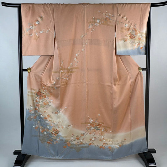 【美品】訪問服 身長163.5cm 袖長66cm M 雙層 牡丹 枝梅花 金銀彩 漸層 鮭粉色 純蠶絲 優品級