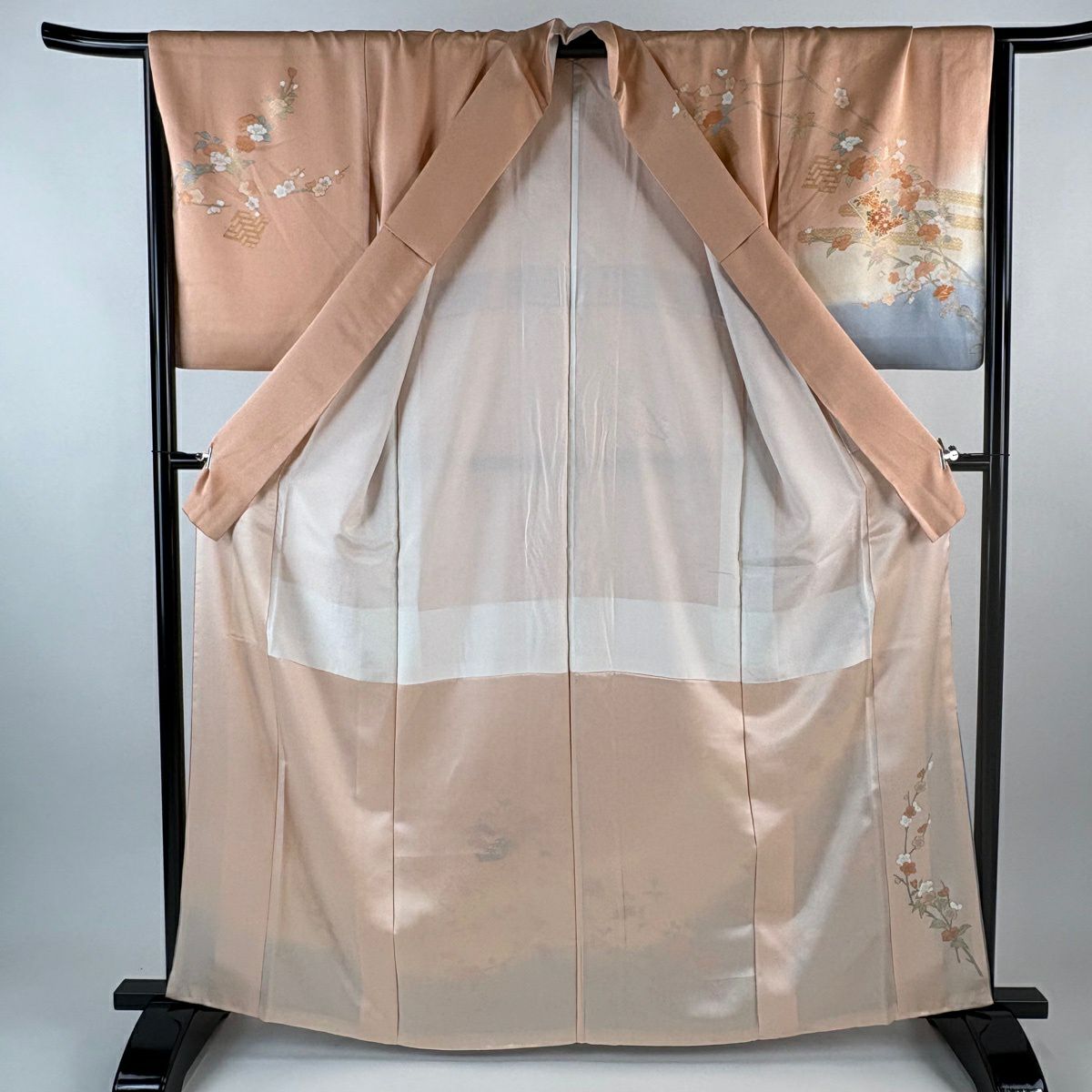 【美品】訪問服 身長163.5cm 袖長66cm M 雙層 牡丹 枝梅花 金銀彩 漸層 鮭粉色 純蠶絲 優品級