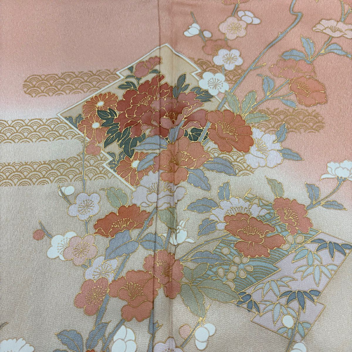 【美品】訪問服 身長163.5cm 袖長66cm M 雙層 牡丹 枝梅花 金銀彩 漸層 鮭粉色 純蠶絲 優品級