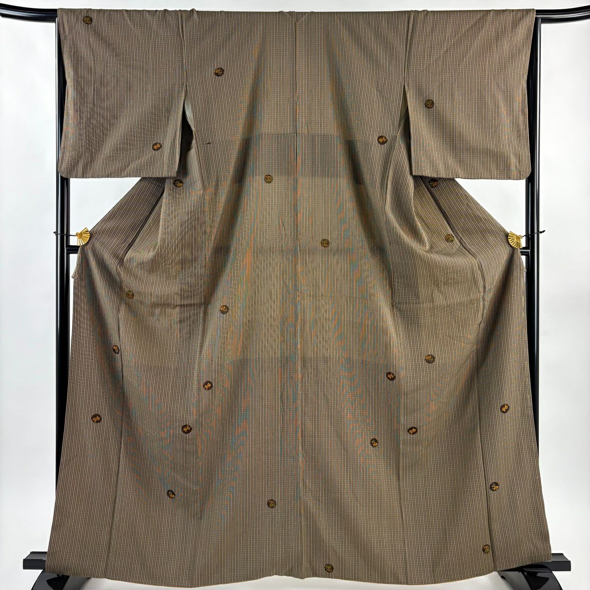 【美品】 紬織 身長164cm 袖長65.5cm M 雙層 縞 草花紋 焦茶 純蠶絲 秀品級
