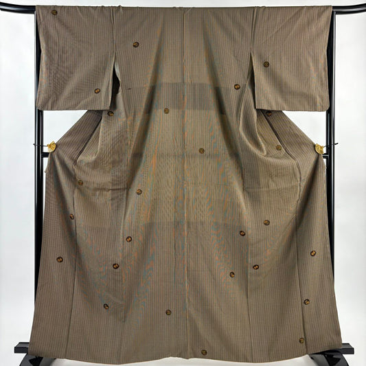 【美品】 紬織 身長164cm 袖長65.5cm M 雙層 縞 草花紋 焦茶 純蠶絲 秀品級