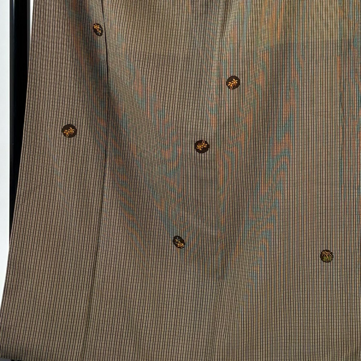 【美品】 紬織 身長164cm 袖長65.5cm M 雙層 縞 草花紋 焦茶 純蠶絲 秀品級