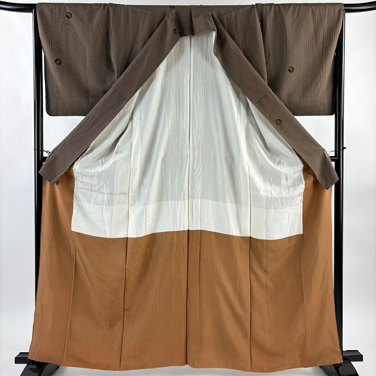 【美品】 紬織 身長164cm 袖長65.5cm M 雙層 縞 草花紋 焦茶 純蠶絲 秀品級