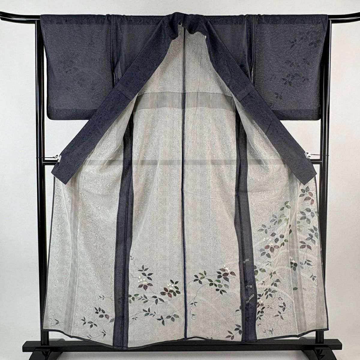 【美品】 付下 身長156.5cm 袖長64.5cm M 紗雙層 枝花草花紋紋 深藍 純蠶絲 秀品級