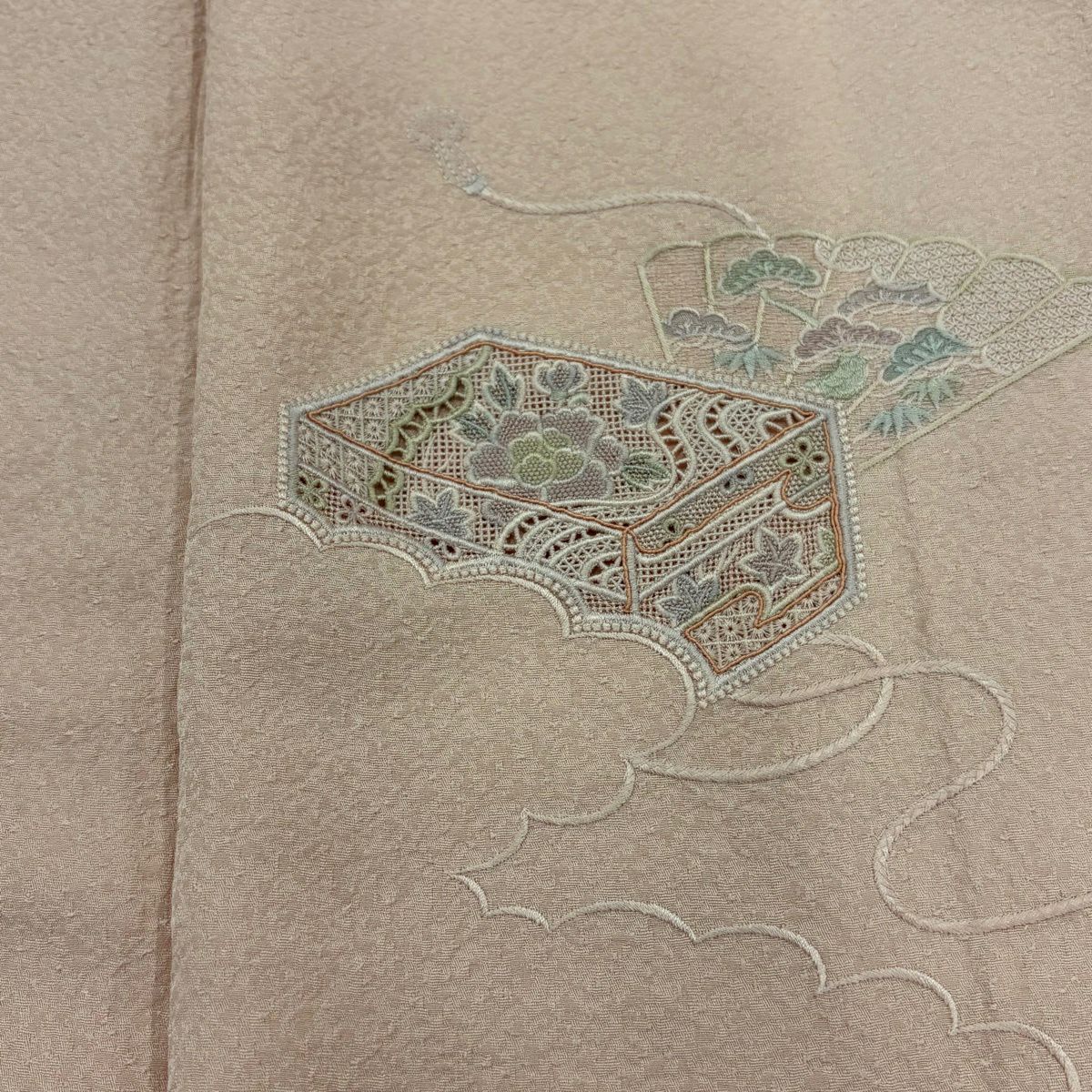 付下 身長155cm 袖長62cm S 雙層 文箱 檜扇子 刺繡 淺粉色 純蠶絲 優品級